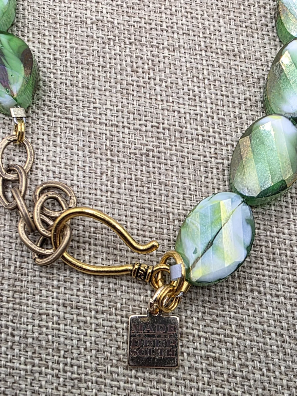Vintage Green Swirl Beaded Necklace with Crystal Fringe Pendant